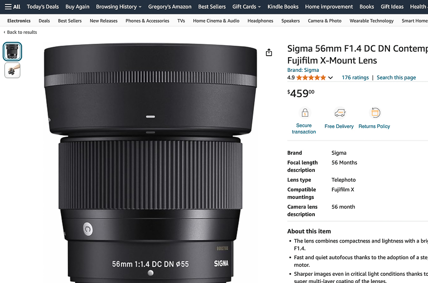 A Sigma 56mm lens for Fujifilm X-Mount is displayed on an online shopping page. The price is listed as $459.00, with a five-star rating and reviews. Product details and shipping options are shown.