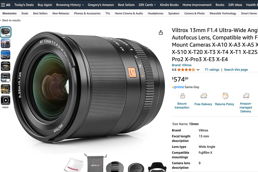 A product page displaying a Viltrox 13mm F1.4 ultra-wide angle autofocus lens priced at $574. The page includes product images, ratings, and purchase options.