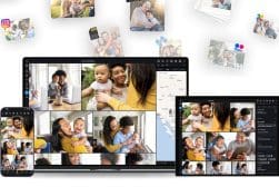 Various devices display a photo editing interface featuring family pictures. Icons for social media and sharing are visible above the devices.