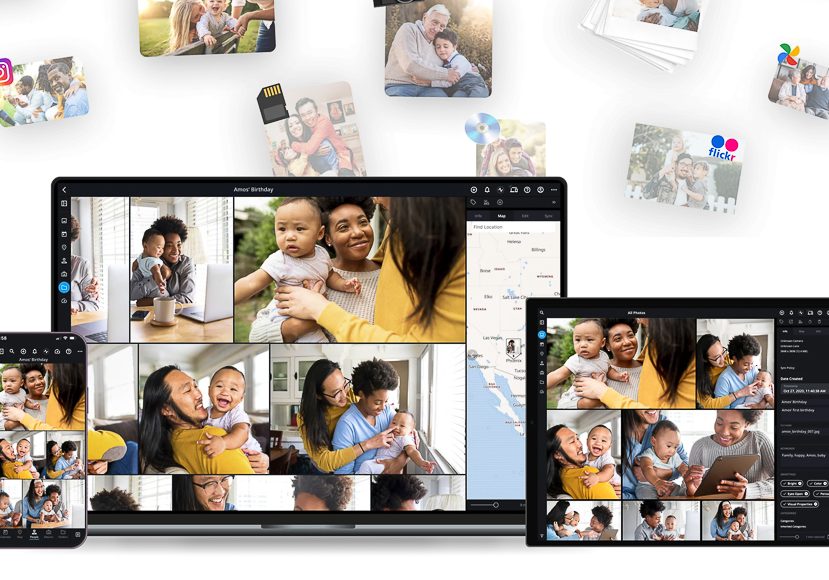 Various devices display a photo editing interface featuring family pictures. Icons for social media and sharing are visible above the devices. Various devices display a photo editing interface featuring family pictures. Icons for social media and sharing are visible above the devices.