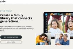 Advertisement for Mylio Family, showing a tablet with photos of family members. Text describes features of a shared photo library. Two buttons read "Get Started for Free" and "Book a Demo.