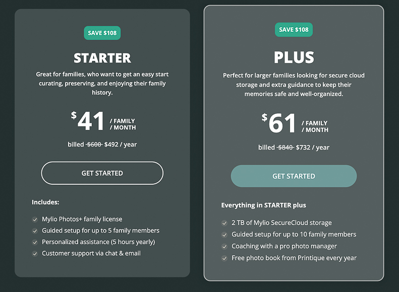 Comparison of two subscription plans: Starter at $41/month, offering basic family features; Plus at $61/month, including 2TB storage and a free photo book. Both plans offer family licenses and customer support.