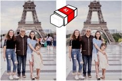 A family of four posing in front of the Eiffel Tower. An icon of an eraser is shown, indicating the removal of a person from the photo.