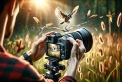 A man is taking a picture of a bird flying over a field.