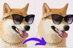 Photo of a dog wearing sunglasses and a gold chain on the left, with a cartoon version of the same image on the right, joined by a purple arrow.