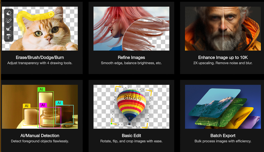 Collage of image editing software features: Erase, Refine, Enhance, AI Detection, Basic Edit, and Batch Export, each with relevant tool icons and sample images.