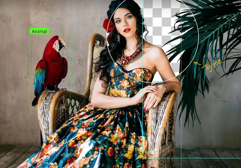 A woman in a floral dress sits on a wicker chair next to a red and blue parrot, with a leafy plant behind her. A woman in a floral dress sits on a wicker chair next to a red and blue parrot, with a leafy plant behind her.