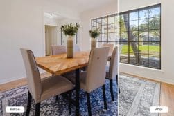 A dining room before and after comparison shows improved natural lighting and a new gray rug, with a wooden table and beige chairs remaining the same.