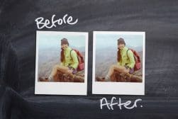 Two Polaroid photos of a person sitting on a mountain, labeled "Before" and "After," on a chalkboard background.