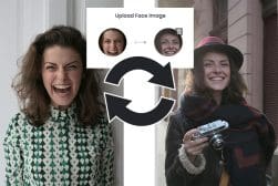 Two images of a smiling woman with a composite graphic of circular arrows and headshots in between, suggesting a photo editing or transformation process.