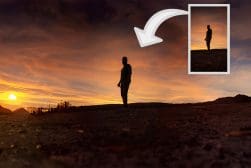 Silhouette of a person standing on a rocky terrain at sunset, with an inset showing the same scene.