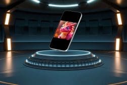 A smartphone with a colorful dragon image on its screen hovers in a futuristic room with circular light panels.