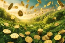 Golden coins falling over lush green landscape with sunlight.