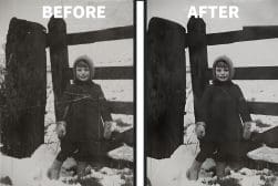 Before and After" photo restoration comparison of a child in a coat and hat standing by a wooden fence in snow. The "After" side shows improved clarity and contrast.