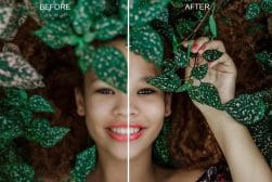 Split image of a woman surrounded by green foliage. The left side is dimmer, labeled "Before," and the right side is brighter, labeled "After.