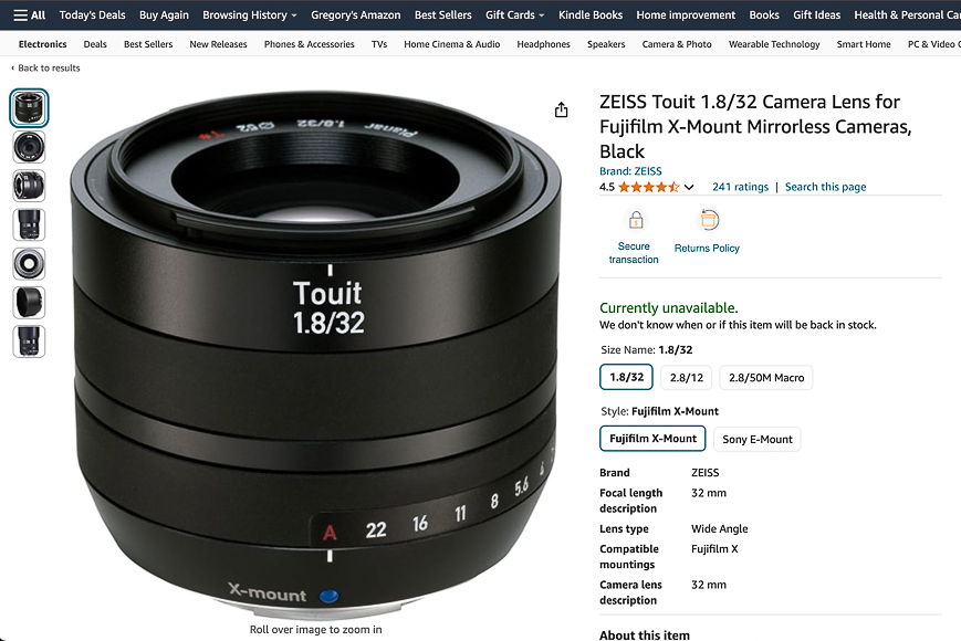 Image of a ZEISS Touit 1.8/32 camera lens, featuring Fujifilm X-Mount compatibility. The lens is black and currently unavailable as indicated on the product page.