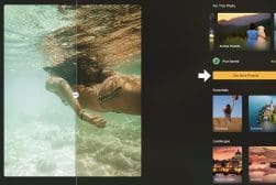A diver swims underwater in clear, sunlit waters. The image is split into "Before" and "After" sections, showcasing an enhancement effect. Editing options are visible on the right.