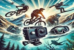 Illustration of adventure sports including mountain biking, snowboarding, diving, and gliding. Action camera and protective gear are prominently featured in the image.