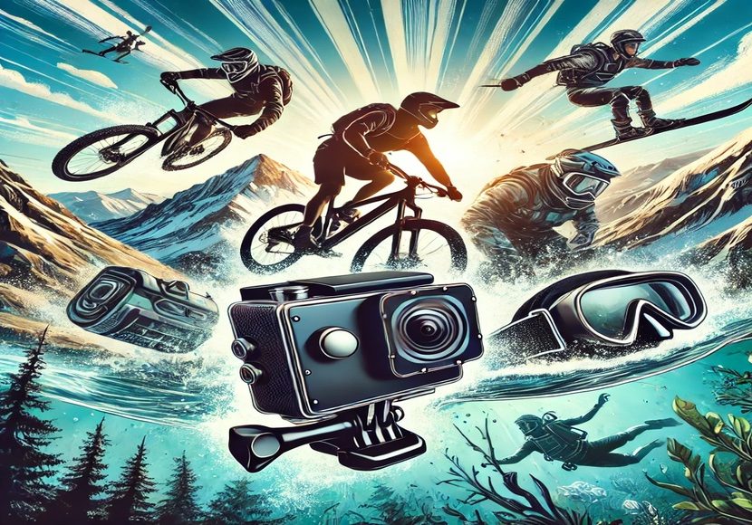 Illustration of adventure sports including mountain biking, snowboarding, diving, and gliding. Action camera and protective gear are prominently featured in the image. Illustration of adventure sports including mountain biking, snowboarding, diving, and gliding. Action camera and protective gear are prominently featured in the image.