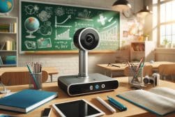 A modern classroom setting with a high-tech interactive camera on a desk, surrounded by educational tools, notebooks, and a chalkboard with diagrams in the background.