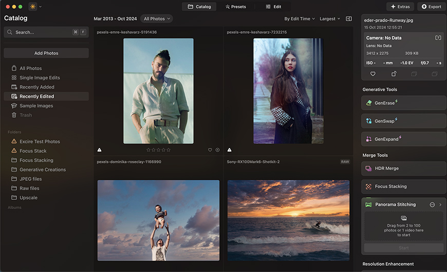 Screenshot of a photo editing software displaying a catalog with portrait photos, a seascape, editing tools on the right, and a timeline from March 2013 to October 2023.