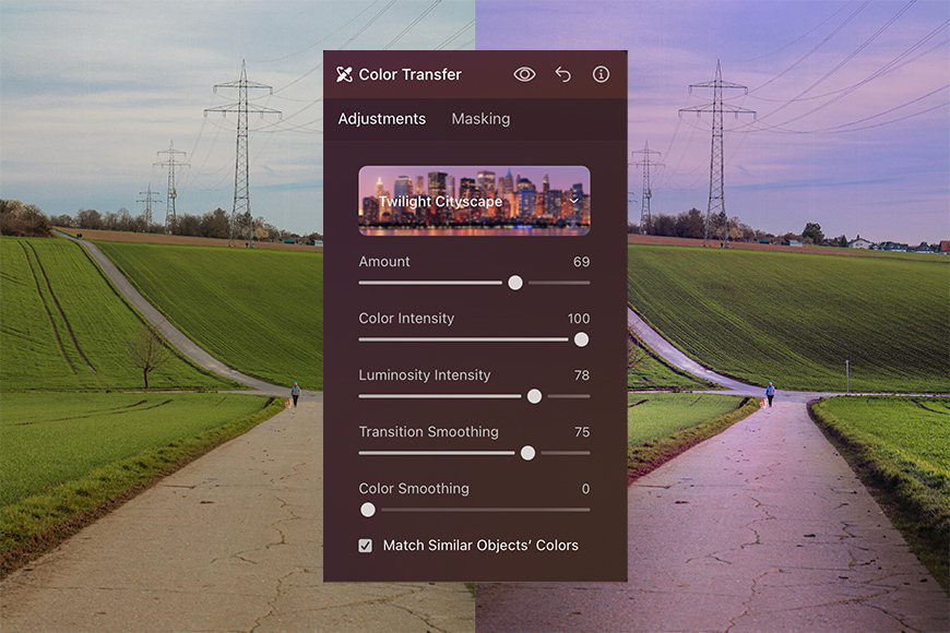 Image editing software interface with color transfer feature displayed. The left side shows an original image of a road and fields, while the right side shows a version with altered colors.