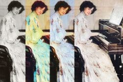 A woman in a long dress sits at a piano, smiling and looking at the camera. The image is repeated four times with different color tints.