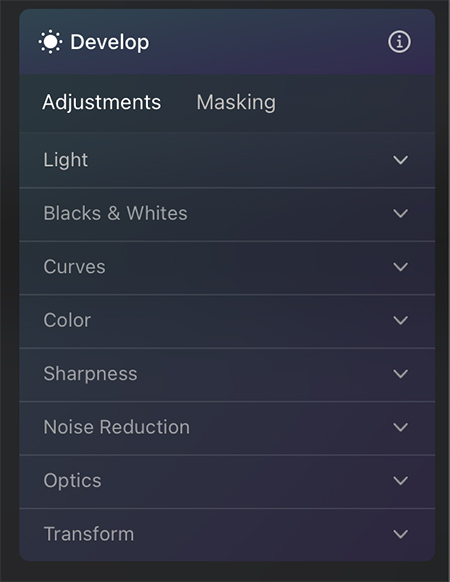 Image showing a software interface with options for adjusting settings like Light, Curves, Color, and Sharpness under the "Develop" menu.