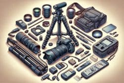A neatly arranged collection of professional photography equipment, including cameras, lenses, tripod, and accessories.