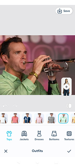 A man wearing a light green shirt plays a trumpet, with a clothing selection interface displayed at the bottom of the image.