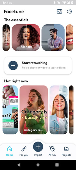 A mobile app interface with options for reshaping, vanishing, retouching photos, and browsing popular or recent projects. The navigation menu includes Home, Tools, Import, All fun, and Projects tabs.
