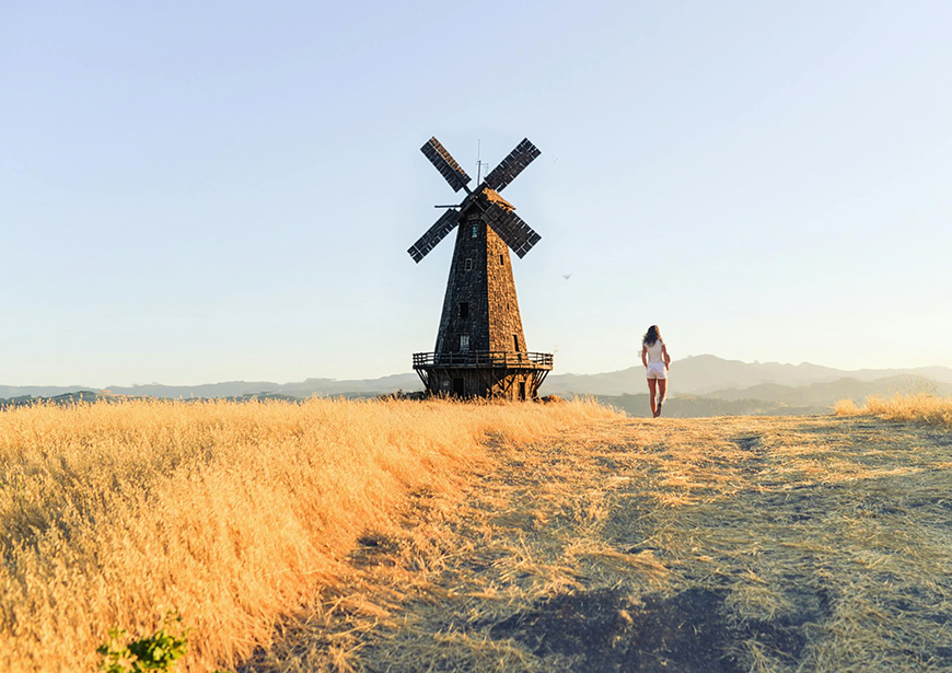 A person walks along a path through a grassy field towards a windmill under a clear sky.