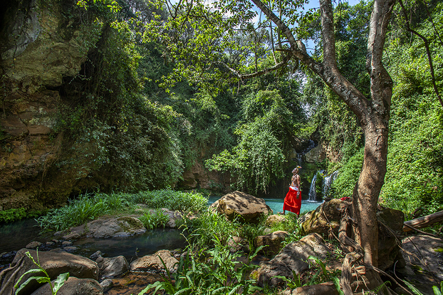 A woman in a red dress stands on a rock in a lush forest near a waterfall and calm pool. Trees and greenery surround the natural scene.