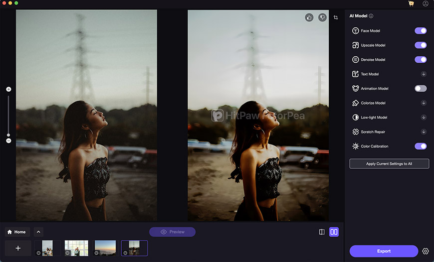 Side-by-side comparison of a photo editing software interface. The left image is blurry; the right image is clear. Options for AI processing are visible on the right panel.
