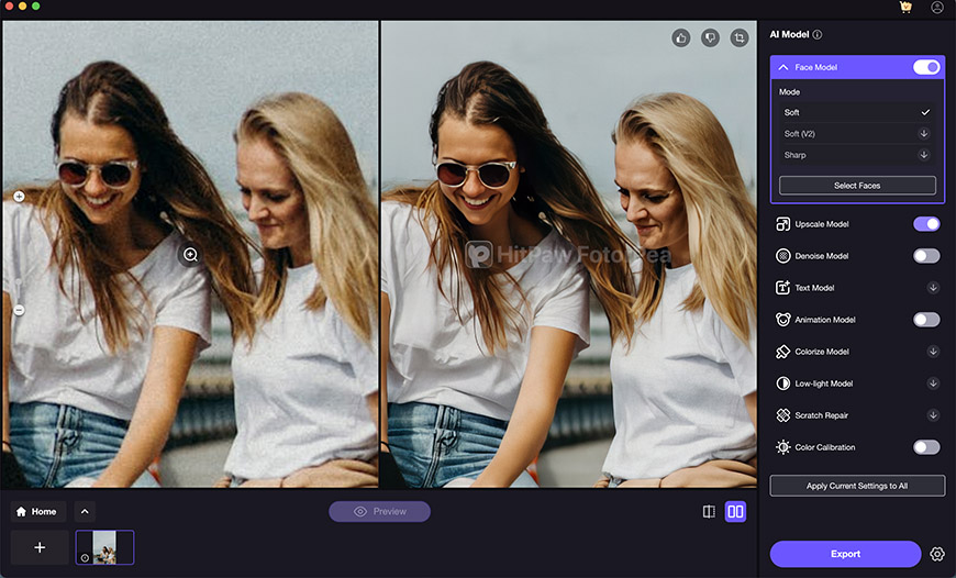 Image editing software interface displaying before-and-after comparison of two women in sunglasses, with various editing options on the right side panel, and export button at the bottom.