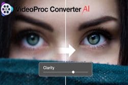 Advertisement for videoproc converter ai showing a before and after enhancement of a woman's eyes, highlighting increased clarity.