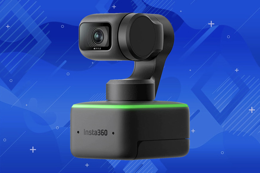 A compact Insta360 camera with a lens mounted on a motorized gimbal sits against a blue geometric background.