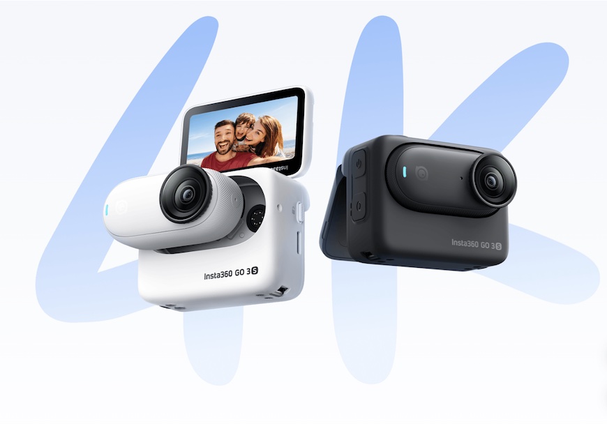 Two Insta360 GO 3 cameras, one white and one black, with a small flip screen showing a couple. "4K" is visible in the background.