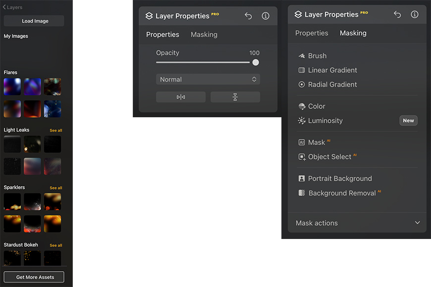 Screenshot of a photo editing software interface showing layer properties, including opacity settings, masking options, and effect categories like flares, light leaks, and sparklers.