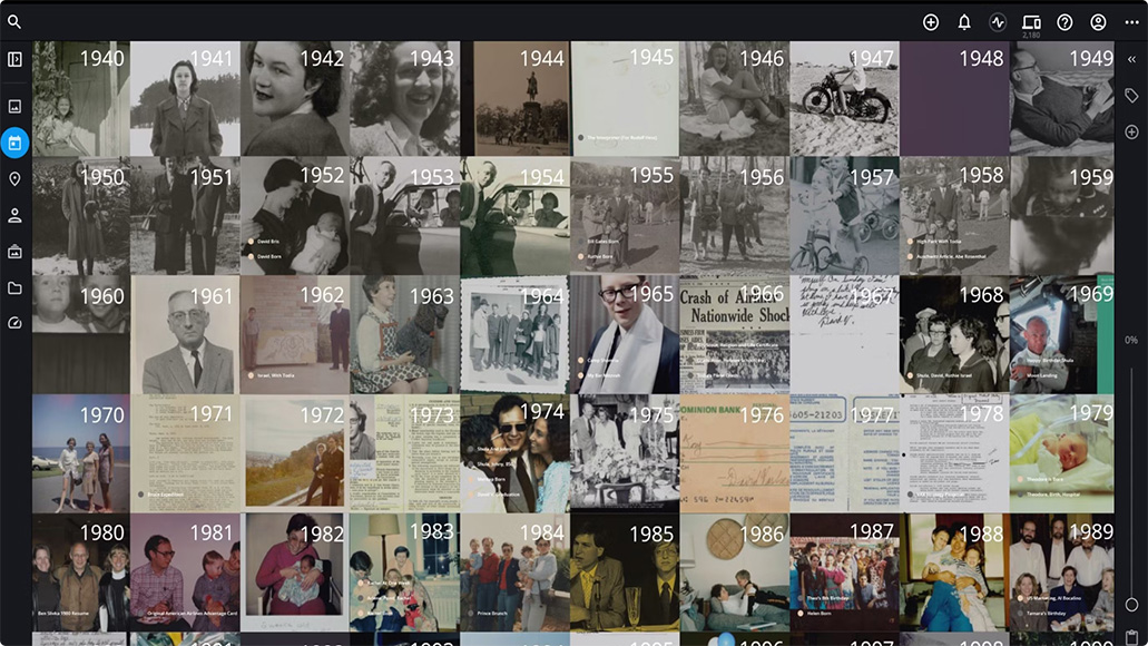 A collage of photographs and documents arranged chronologically from 1940 to 1980, showcasing various events and personal moments.