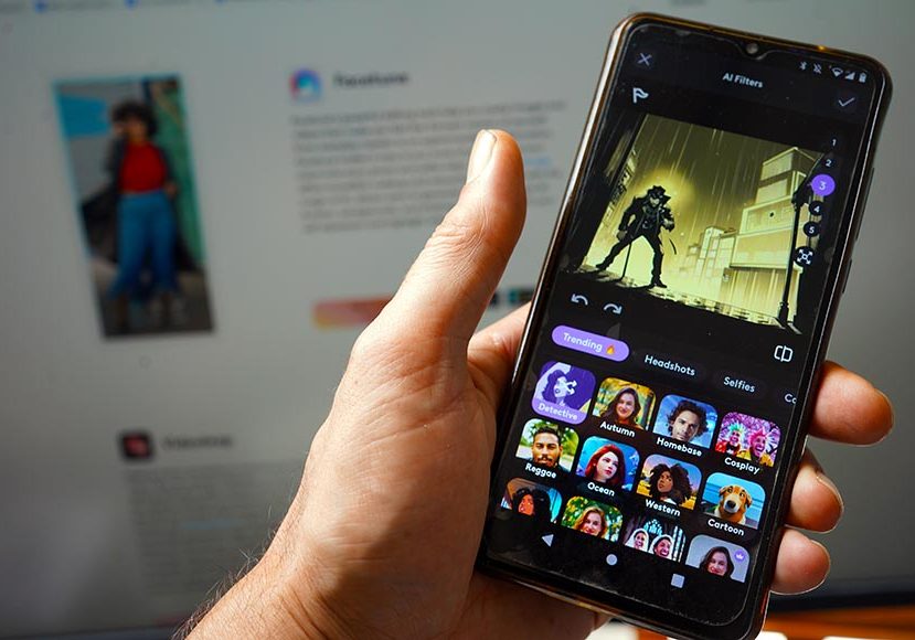 A person holds a smartphone open to an app displaying various photo filter options. In the background, a computer screen is seen with another image and text. A person holds a smartphone open to an app displaying various photo filter options. In the background, a computer screen is seen with another image and text.