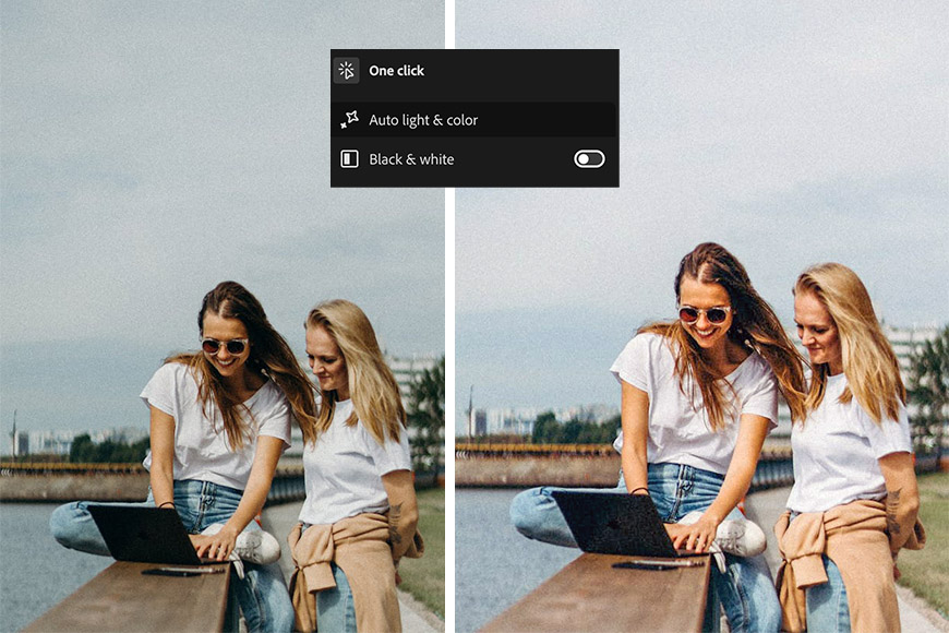 Two women sit on a ledge by the water, looking at a tablet. The image shows a before-and-after effect of photo editing, highlighting enhanced light and color on the right side.