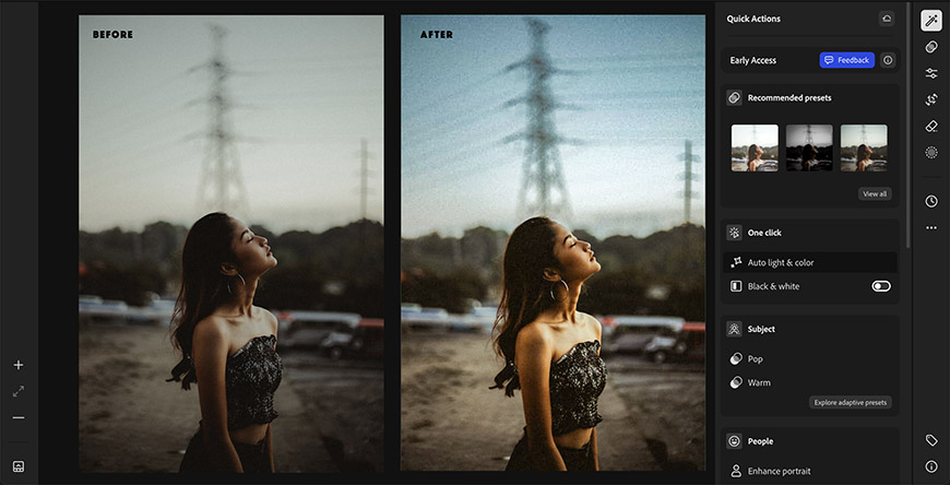Side-by-side photo comparison of a woman looking upward, with "Before" showing a cooler tone and "After" showing a warmer tone. Editing software interface visible with preset options.