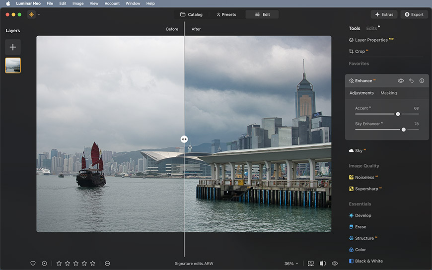 Photo editing software interface showing before and after comparisons of a city skyline with water and a boat; adjustments and enhancement tools visible on the right.