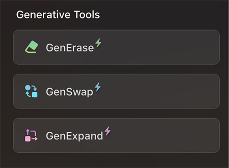 Screenshot of a list titled "Generative Tools," featuring GenErase, GenSwap, and GenExpand, each with a lightning bolt icon.