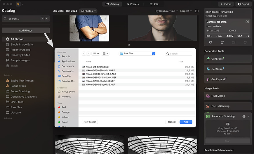 A computer screen displays a photo cataloging software with a folder view open. Two partially visible images are shown at the top, and various editing options are on the right side of the screen.