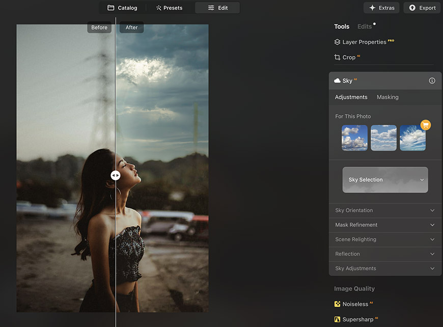 Photo editing software interface showing before-and-after effect on an outdoor portrait of a woman. The right pane displays editing tools and sky adjustment options.