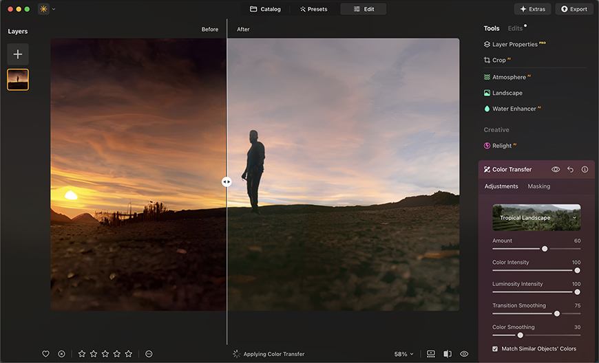 Image editing software interface displaying a before-and-after comparison of a landscape photo with enhanced colors. Tools and adjustments are shown on the right side of the screen.