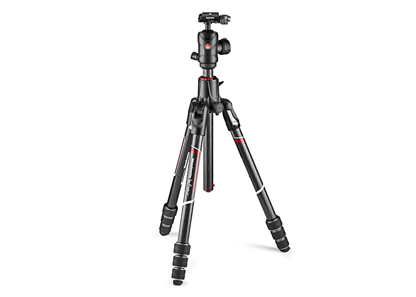A black tripod with red accents is fully extended, featuring adjustable legs and a mounting head.