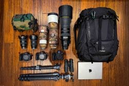 Photography gear displayed on a wooden floor, including three cameras, multiple lenses, binoculars, two tripods, a laptop, camouflage pouches, and a black backpack.